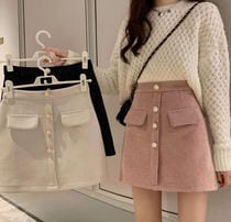 3色 スカート 秋冬 かわいい タイトスカート ミニ丈 無地 ウエスト ゴム ハイウエスト ファスナー 飾りボタン 色展開 ブラック ピンク アプリコット かわいい 大人可愛い きれいめ シンプル カ