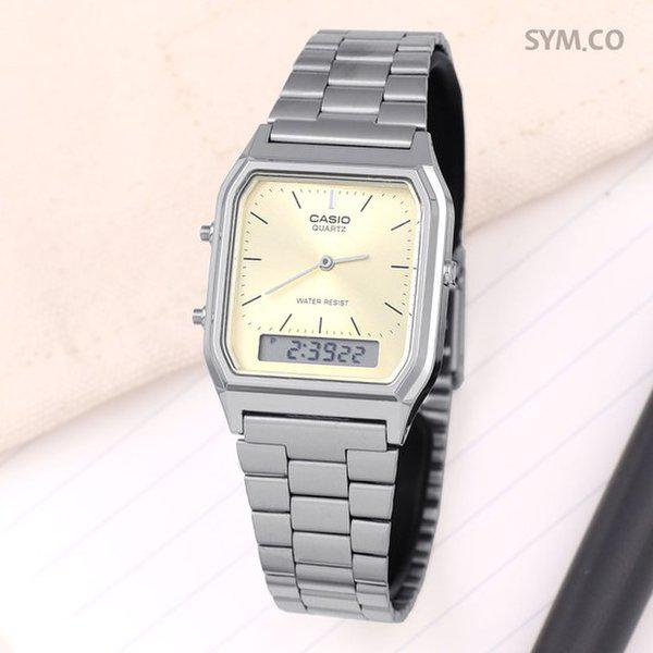 AQ-230A-9A レトロな四角いサンレイダイヤル アナデジ 男女兼用 メタル時計 d