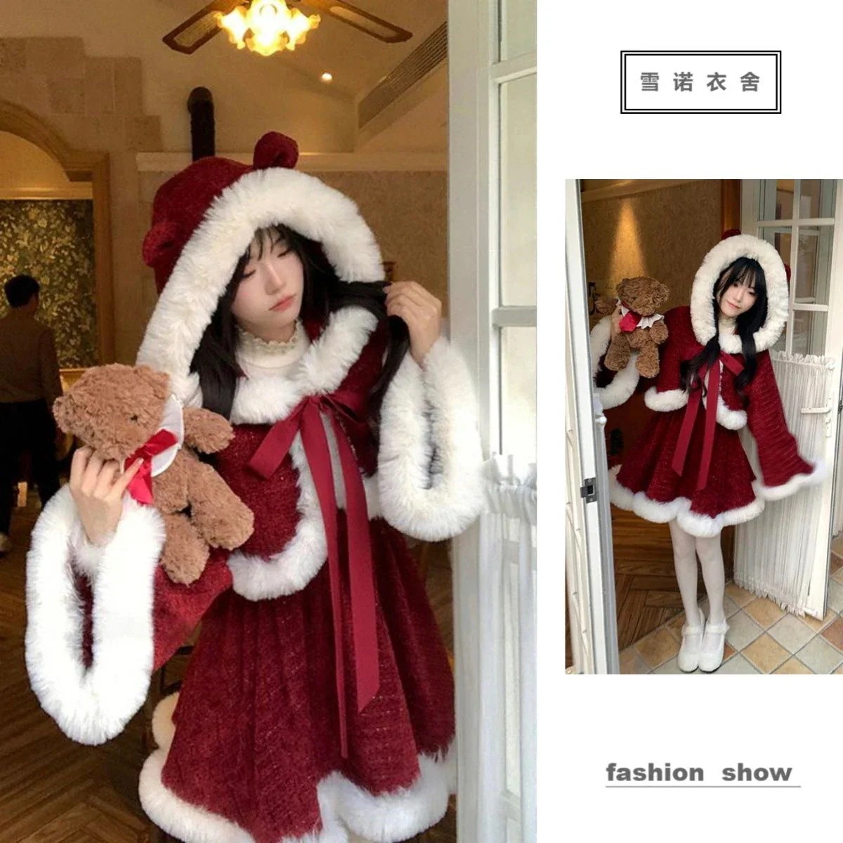 ファー サンタコスプレ ドレス パッチワーク ジャケット レース 韓国 蝶ネクタイ レディース 気質 クリスマス スーツ 冬 4,704円