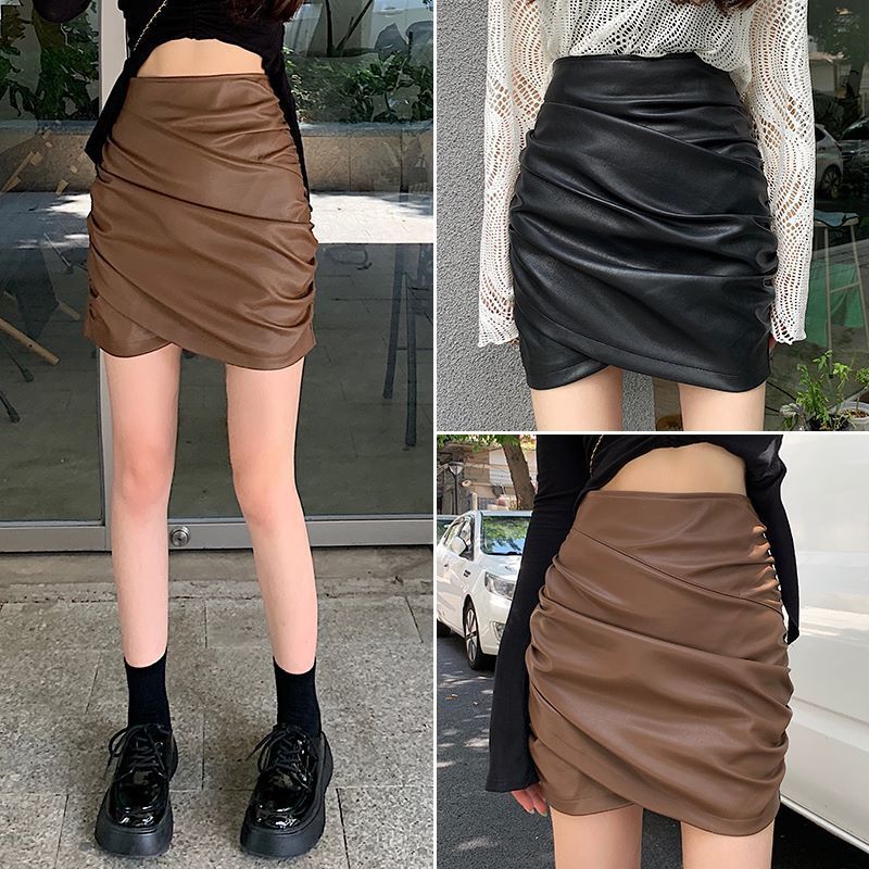 プラスサイズのレディースブラックプリーツPUレザーミディスカート秋冬スタイル露出防止Aラインボディコンスカートハイウエストショートスカート 4,385円