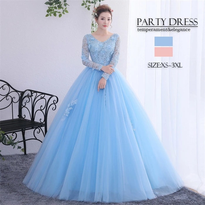 カラードレス プリンセス ウエディングドレス 花嫁ドレス レース Vネック パーティードレス 演奏会 発表会 ロングドレス フォーマル コンサート 二次会ドレス aライン 長袖 レディース お姫様ドレ