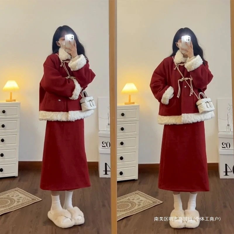 和服コスチュームコスチュームレッド クリスマス ロングスカート二点セット お正月 レディース コスプレ サンタ 2024新作