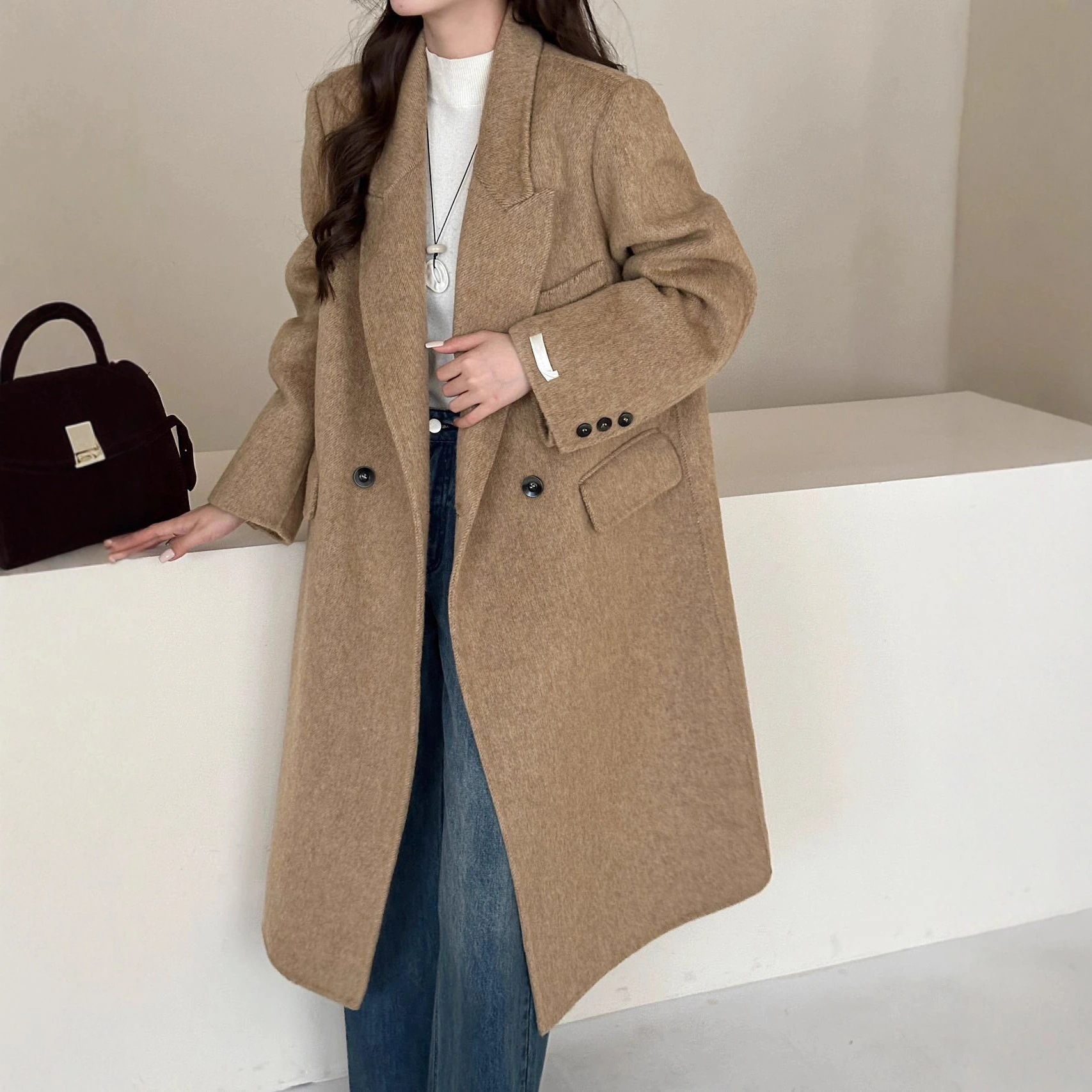 25新雰囲気ウールロングジャケットスーツ襟両面ウールコートレディース韓国版