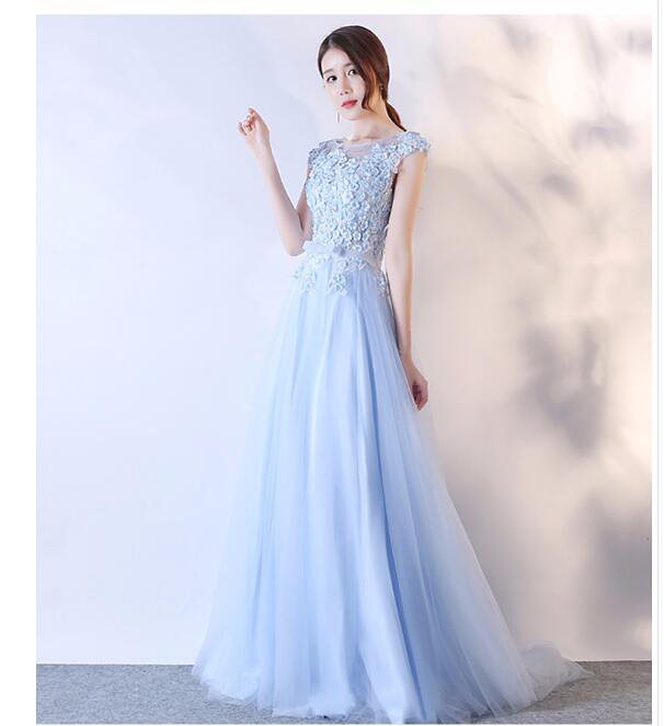 ブルー レースロングドレス パーティードレス フォーマルドレス ロング丈ドレス 二次会 同窓会 入園