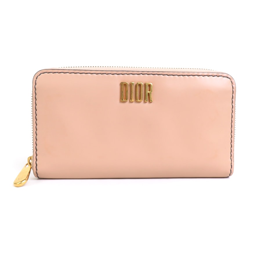 クリスチャンディオール Christian Dior ラウンドファスナー長財布 レザー ピンクベージュ レディース h30110f