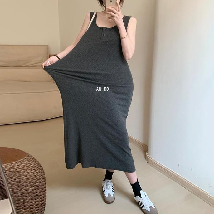 スリムラウンドネックウエストハーフボタンゴムベストスカート2024夏新作韓国風スリムフィットサスペンダーロングスカート