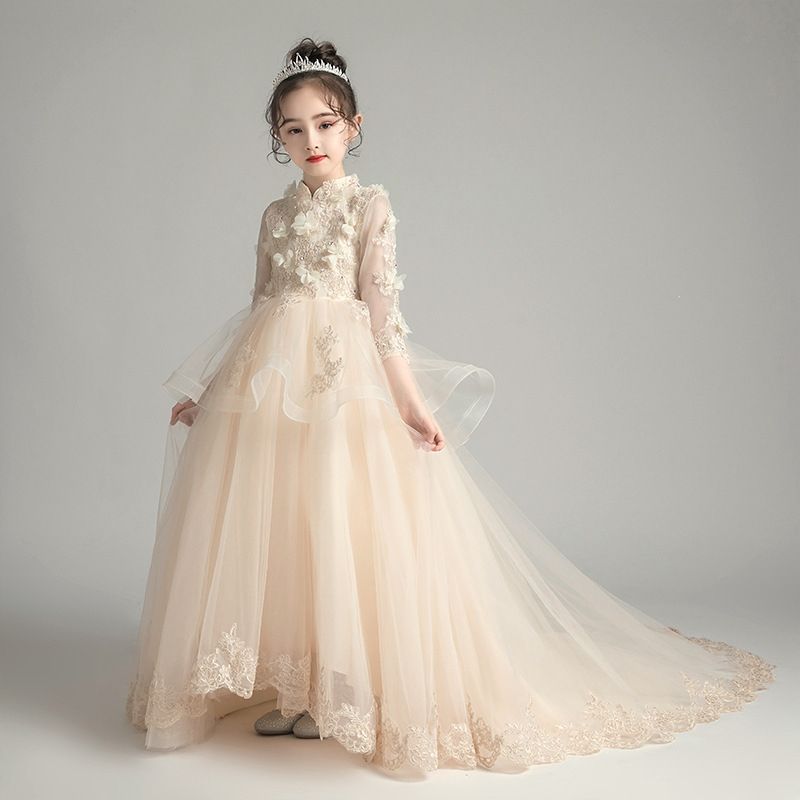 春と秋の新しい子供ファッションタキシード花童走秀蓬紗小女の子ピアノ公演服ワンピース