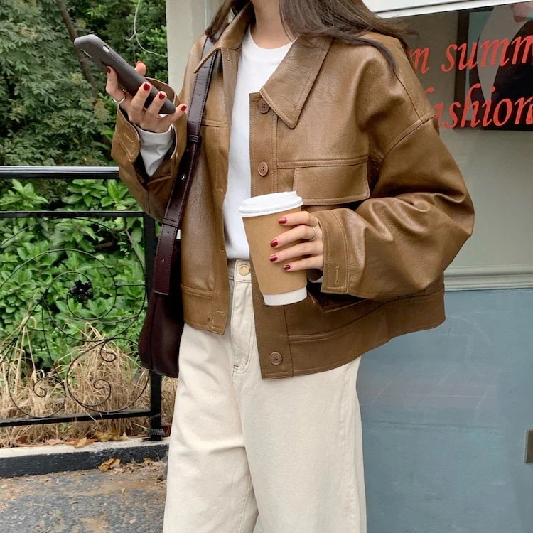 ジャケット 韓国ファッション ジャケット ショート アウター ゆったり カジュアル 百掛け アウター PUジャケット 春ジャケット