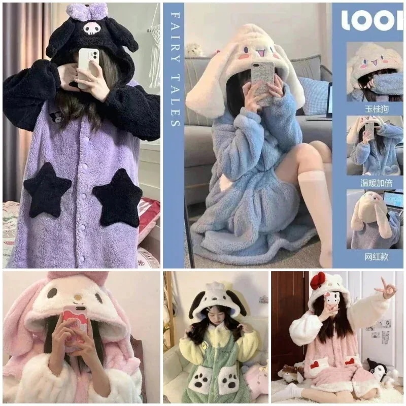 【2個買うと1個無料】【追加料金なし】ルームウエア パジャマ ハローキティ クロミ マイメロディ シナモンロール 着ぐるみ もこもこ フード付き 上下セット セットアップ 可愛い 秋冬