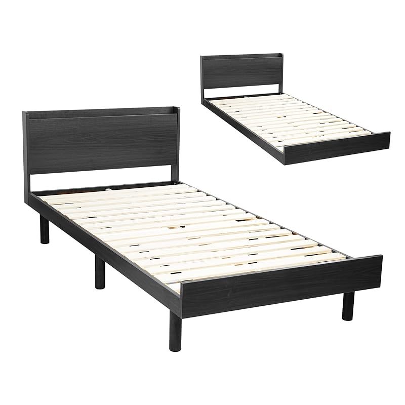 Yumcute ベッドフレーム シングル 木製 すのこベッド 2口コンセント付き 宮棚 高さ調整 北欧風 一人暮らし ベッド下収納可 幅98奥行き206x高さ75cm