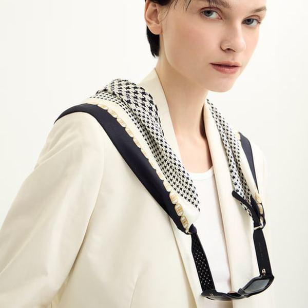 DCSC5F865BK [25FW][スカーフ] ブラック ハウンドトゥース チェック配色 シルクスカーフ(リングセット構成)
