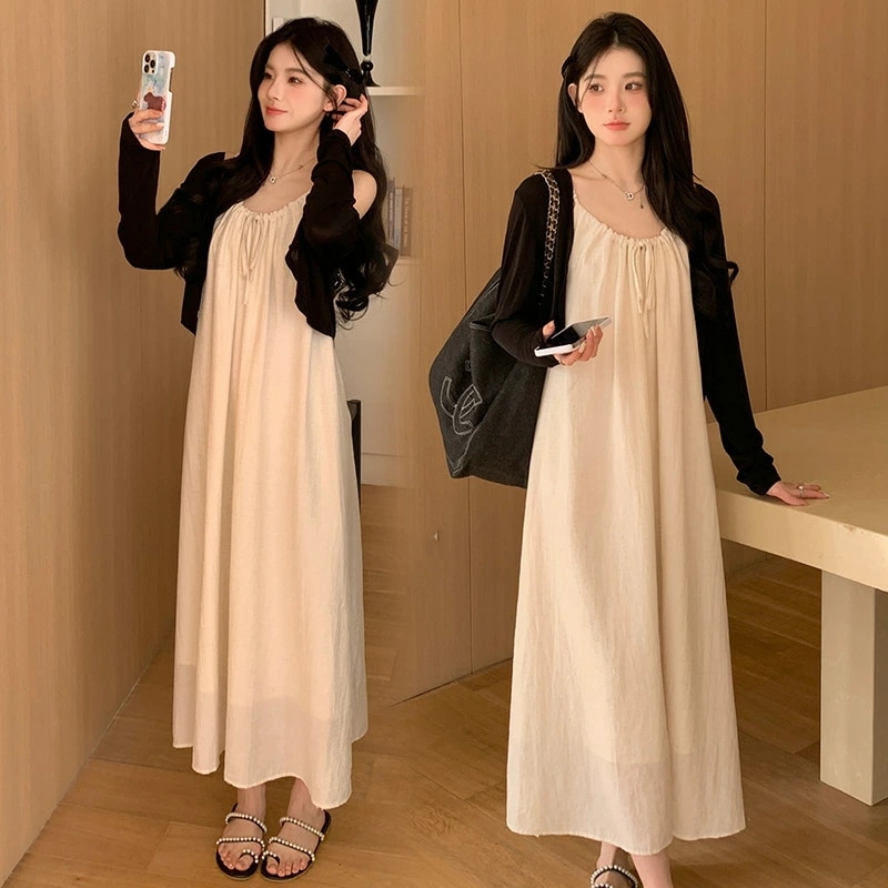 ２点セット ワンピース レディース ロング Aライン フレア ゆったり 体型カバー 薄手 無地 夏 ロングワンピース 大きいサイズ 涼しい ナチュラル 着痩せ フリー キャミソールワンピース 日焼け止