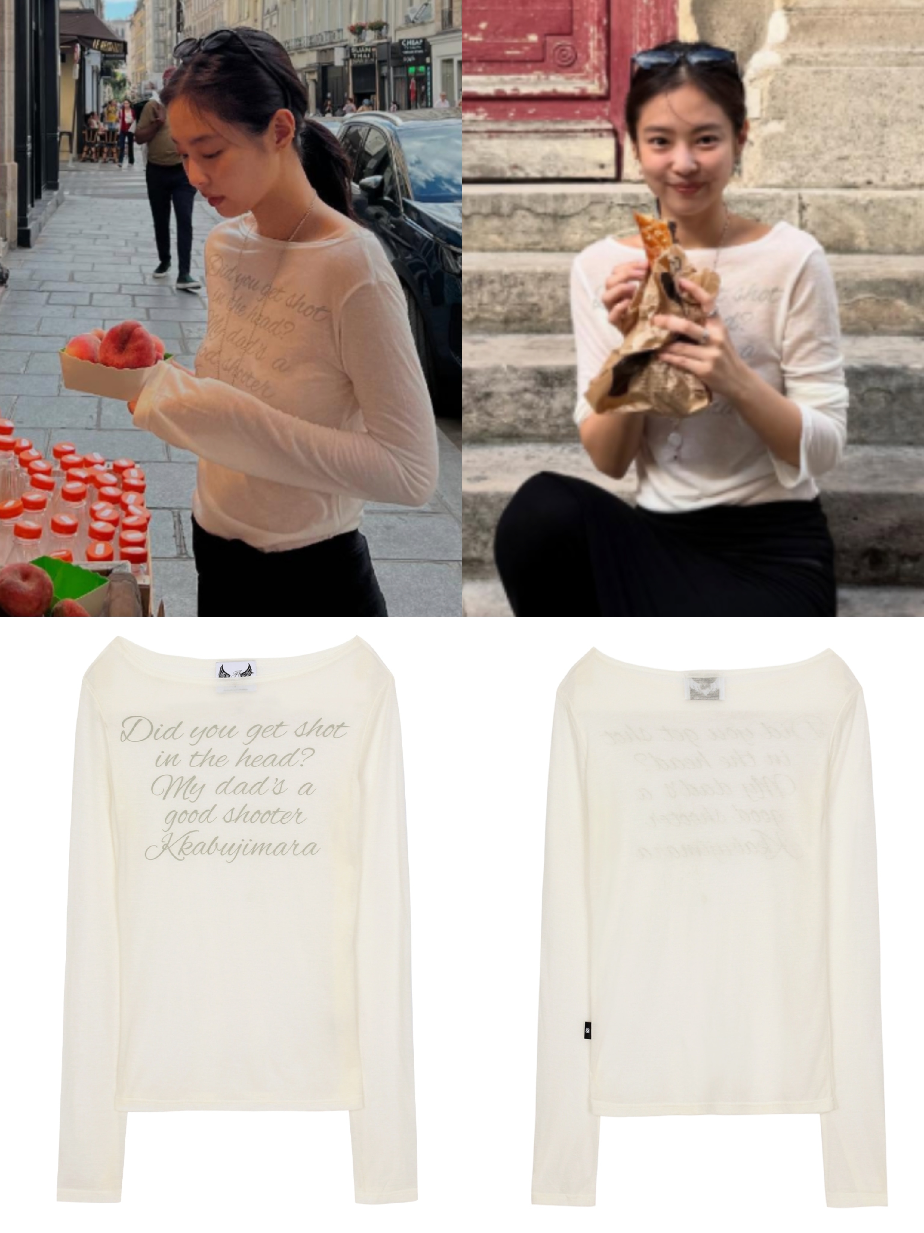 See-Through Lettering Long Sleeve Tee : White [ Jennie BLACKPINK 着用 ]
