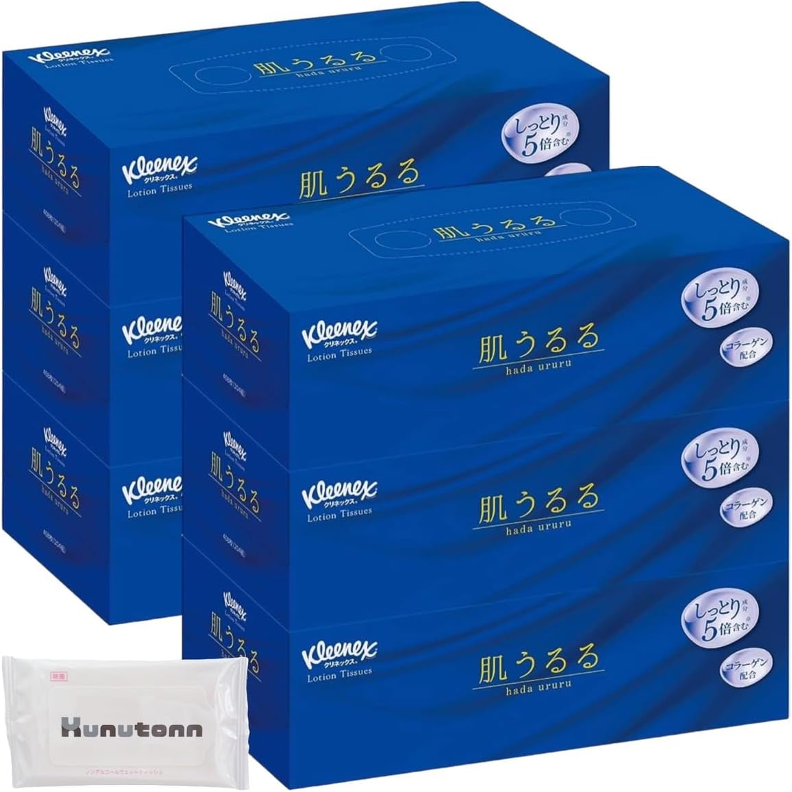 クリネックス ローションティシュー 肌うるる 408枚 204組 6箱セット + Kunutonnオリジナルロゴ入りhウェットシート付