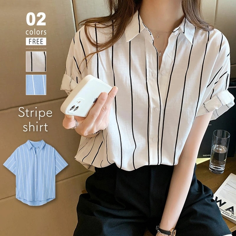 【OUTLET!クーポンで1,872円】 シャツ ストライプ柄 ブラウス シンプル トップス レディース シャツブラウス さわやか ロング丈 おしゃれ 大人 上品 オフィス カジュアル 春 夏 韓国