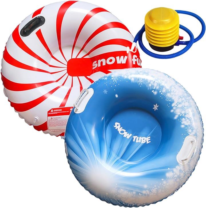 スノーチューブ ソリ 雪遊び 冬遊び スノーソリ 雪そりボード 取っ手付き 空気入れ ストライプ赤＋青白＋空気入れ