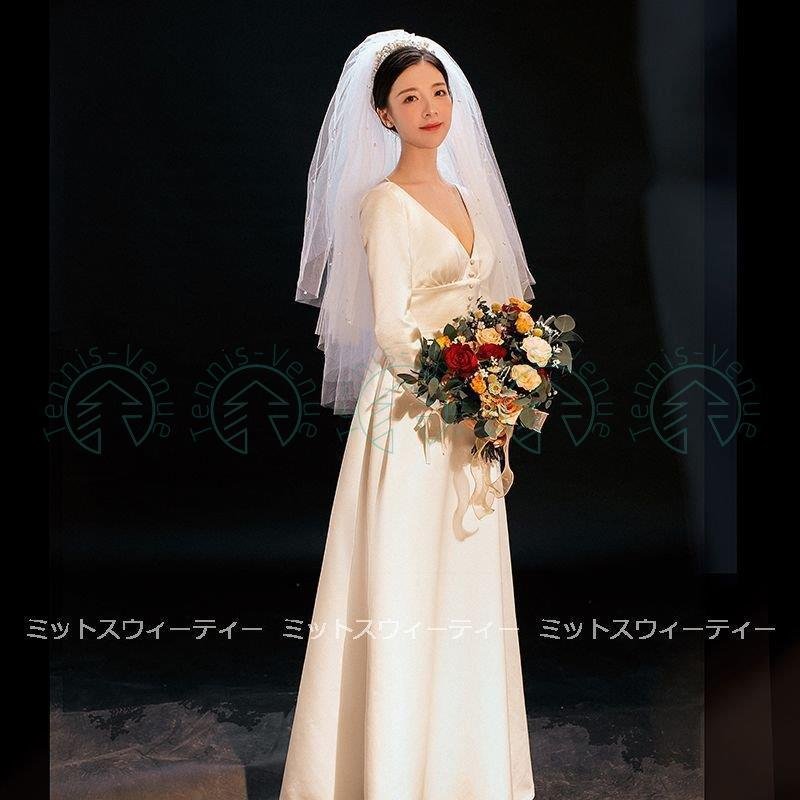 ウエディングドレス aラインドレス 長袖 二次会 袖あり 結婚式 ロングドレス 花嫁 ブライダル 海