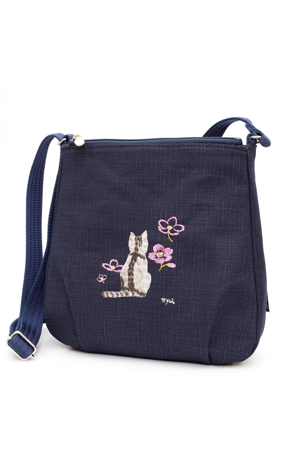 [creareきき] ショルダーバッグ レディース 斜めがけ 軽量 小さめ 日本製 和装 藍 柿渋染め 猫 刺繍 京帆布 クレープ 母の日 お母さん 誕生日 プレゼント IZ-20Sn (猫)