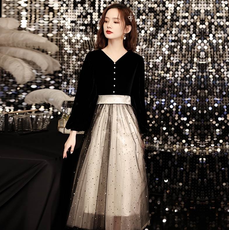 パーティードレス ミモレ丈 膝丈 黒 バイカラー フレアスカート チュール 透け感 大人可愛い 個性的 袖あり おしゃれ 結婚式 二次会 お呼ばれ ドレス フォーマル 演奏会 ピアノ 発表会 ワンピド