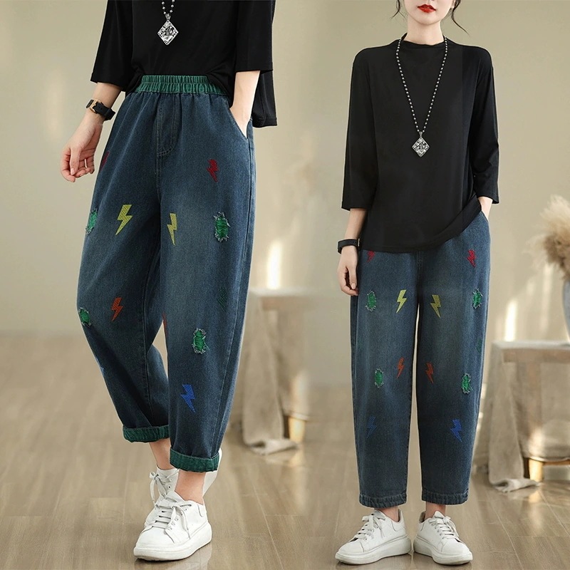 春と秋ダメージジーンズ新型文芸大きいサイズ 九分ズボンウエストゴムパンツ カジュアルカーリングジーンズ