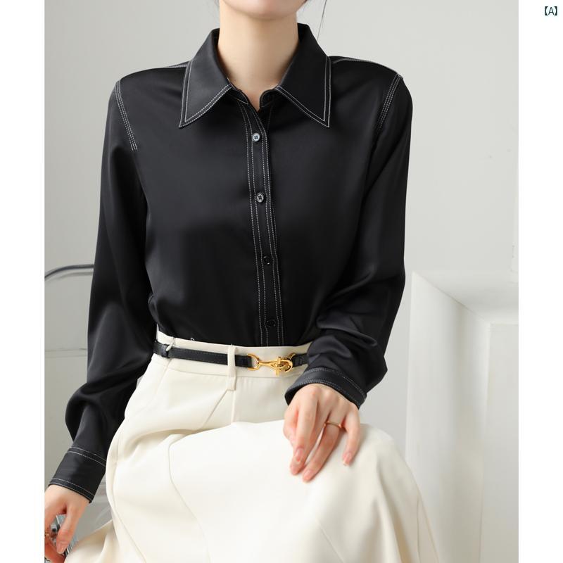 レディース ファッション　レディース　カジュアル　上品　綺麗　外出 トップステッチ ハイエンド サテン ホワイト シャツ 秋冬 通勤 レイ ヤード 長袖 ドレープ アウターシャツ 5,151円