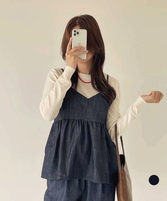 [SET/ツーピース] ルネデニムノースリーブ+デニムワイドパンツ