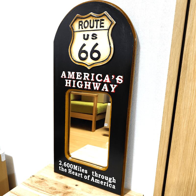 ミラー 壁掛け ルート66 木製 アンティーク ウォールミラー Route66 高級感 お洒落 ブラック インテリア 黒 ビンテージ アメリカン 雑貨 鏡 おしゃれ 可愛い カフェ 店舗