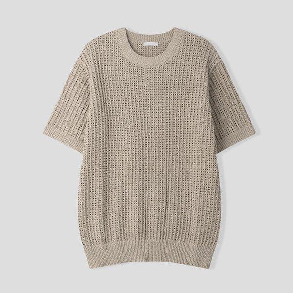 メンズコルクスカシラウンド半袖ニットTシャツ AS-KNH-Q015-グレーベージュ