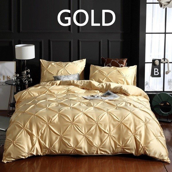 【NEWカラー追加】無地シルクプリーツデザイン布団カバー＆枕カバーセット シングルツインダブルクイーンキングサイズ寝具セット