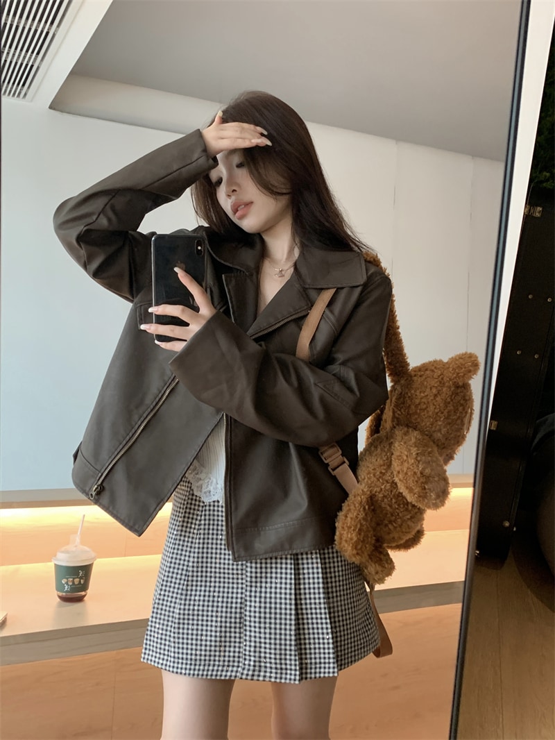 アメリカンレトロスタイルレザージャケット女性用2023年秋新作デザインニッチジャケットバイクジャケット長袖トップス