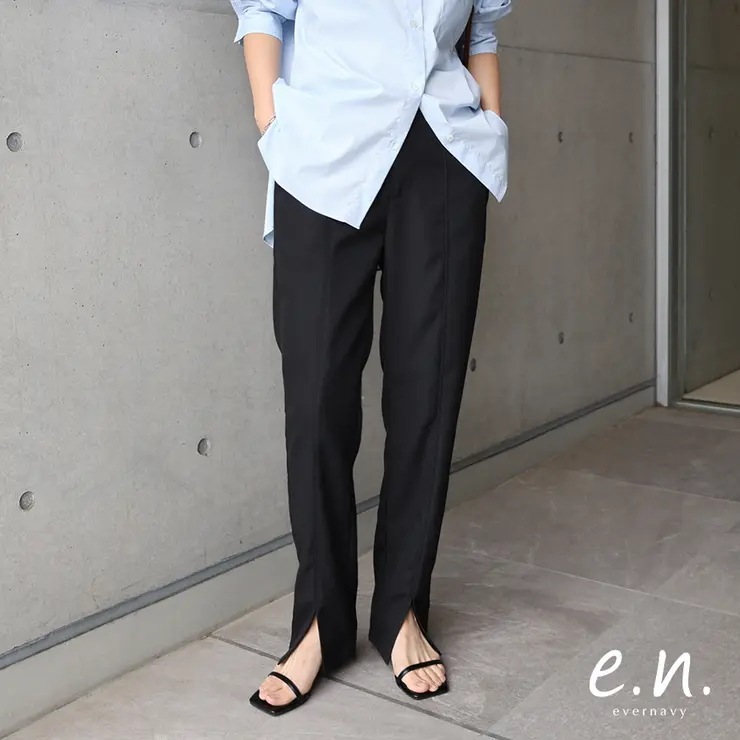 evernavy エバーネイビー スリット ストレート パンツ レディース ボトム テーパードパンツ ロングパンツ ストレートパンツ 体型カバー 美脚 脚長効果 ストレッチ きれいめ 上品 オフィス