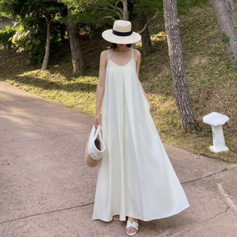 サマードレス マキシ丈ワンピース サスペンダードレス カジュアル 韓国 レディース シンプル 無地 ロングワンピース ドレープワンピース キャミソールワンピース キャミワンピ オルチャン