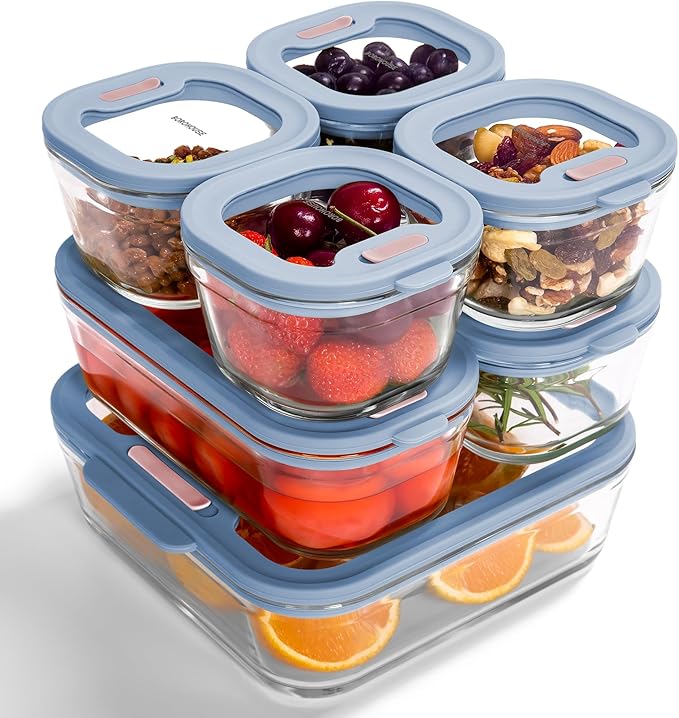 耐熱ガラス 保存容器 7点セット（240ml×4560ml×21370ml×1） - 電子レンジ・オーブン・冷凍対応 シリコン蓋 密閉容器 液漏れ防止 離乳食 作り置き 食器 収納 ブルー