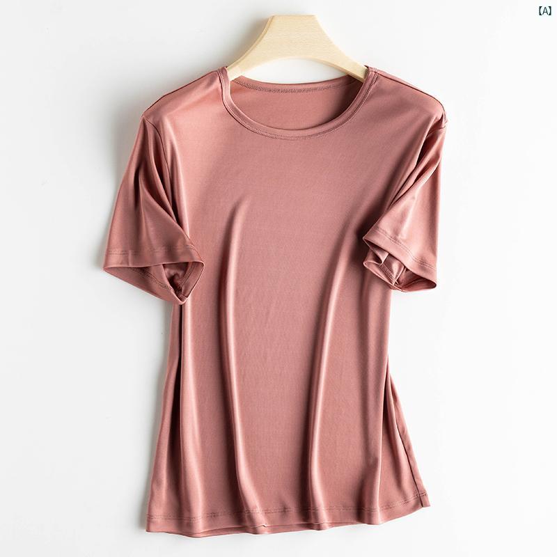 レディース ファッション　レディース　カジュアル　上品　綺麗　外出 クリア アセテート サテン 半袖 Tシャツ 夏 ラウンドネック ボトム インナートップ