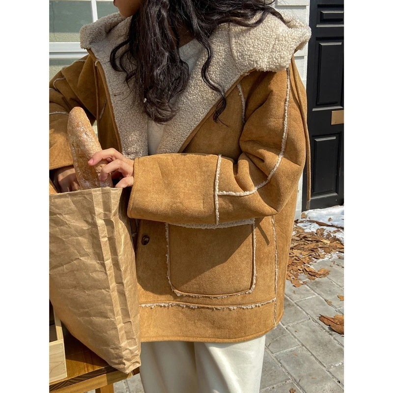 毛皮アウター レディースコート フード付き保温裏起毛コート毛皮一体ウールゆったり アウター