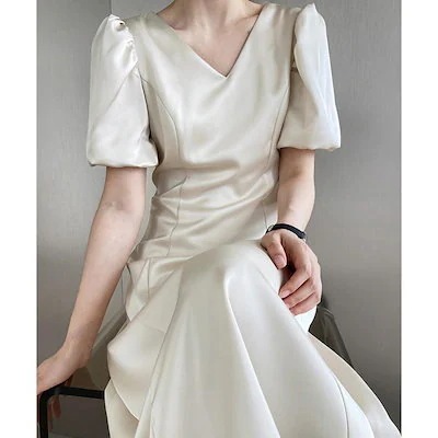 サテンワンピース ロング Vネック 半袖30%までに制限