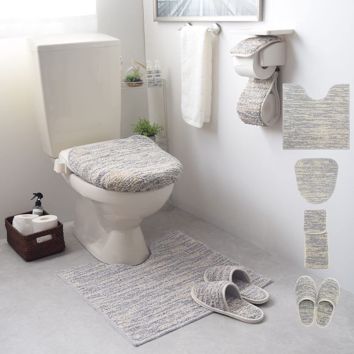 San-Luna トイレタリー 4点セット 「ストローク」チャコール リネン×コットン トイレマット 60cm×60cm トイレふたカバー スリッパ トイレットペーパーホルダーカバー 日本製 洗え