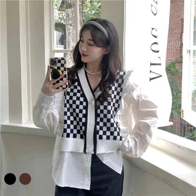 シャツ レディース フェイクレイヤード ニット セーター 春冬 碁盤柄 ニット Vネック チェック柄 綿混紡 トップス 長袖 トップス 春 春春 カジュアル お洒落