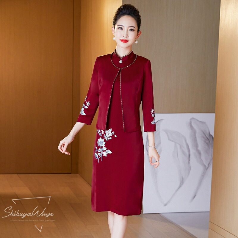 フォーマルウエア レディース イブニングドレス マザードレス 2点セット マザー服 マザーワンピース 大きいサイズ 七分袖 ワンピース 膝丈 ミドル 高級感 エレガント ビジネス 高品質 パーティー