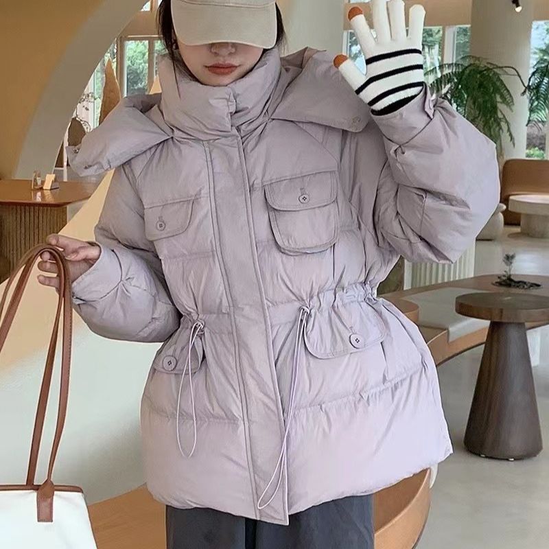 ミッドレングスのホワイトダックダウンジャケット2024冬新作フード付きウエストコートイン