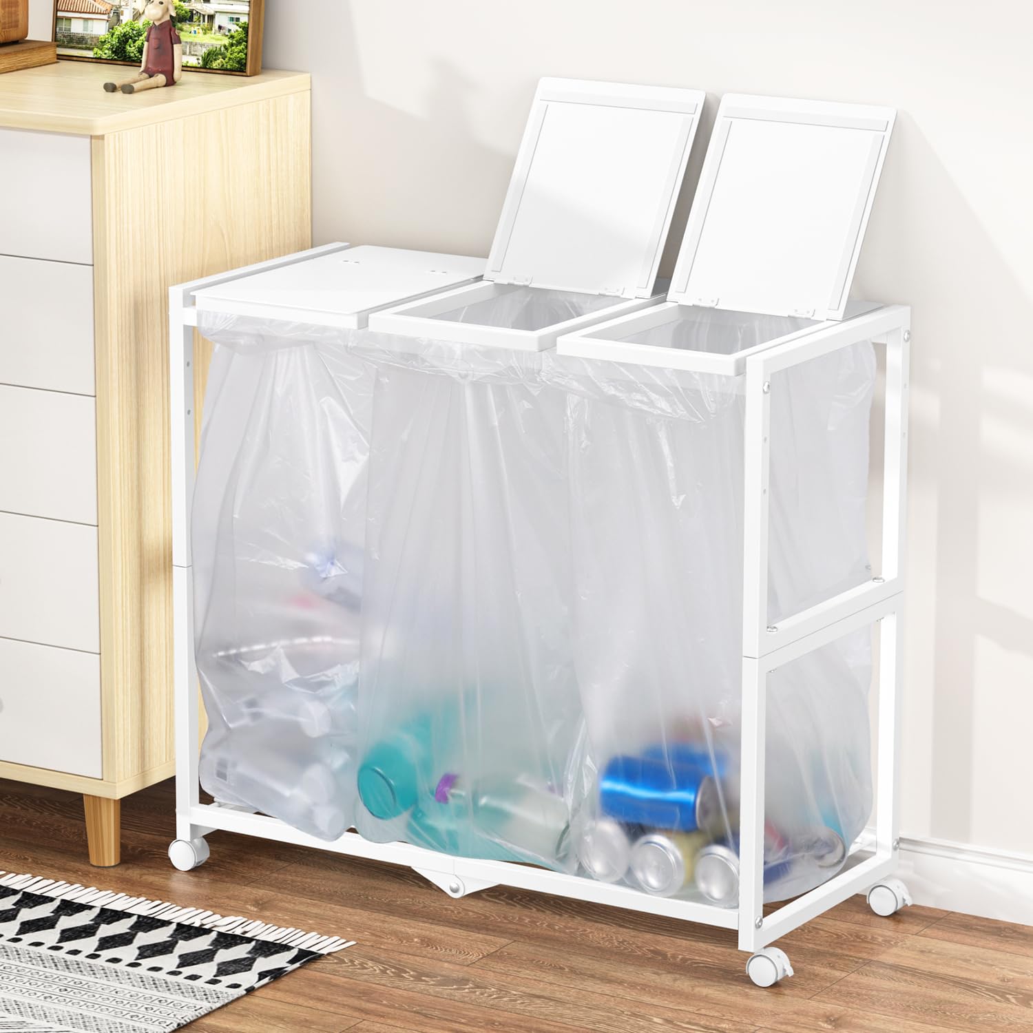 PRTONE ゴミ箱 分別 ゴミ袋ホルダー 3分別*45L ダストボックス キャスター付き 分別ゴミ箱 ふた付き おしゃれ スリム 3連 大容量 10L～55L袋対応 ゴミ袋 スタンド 縦開き キッチ