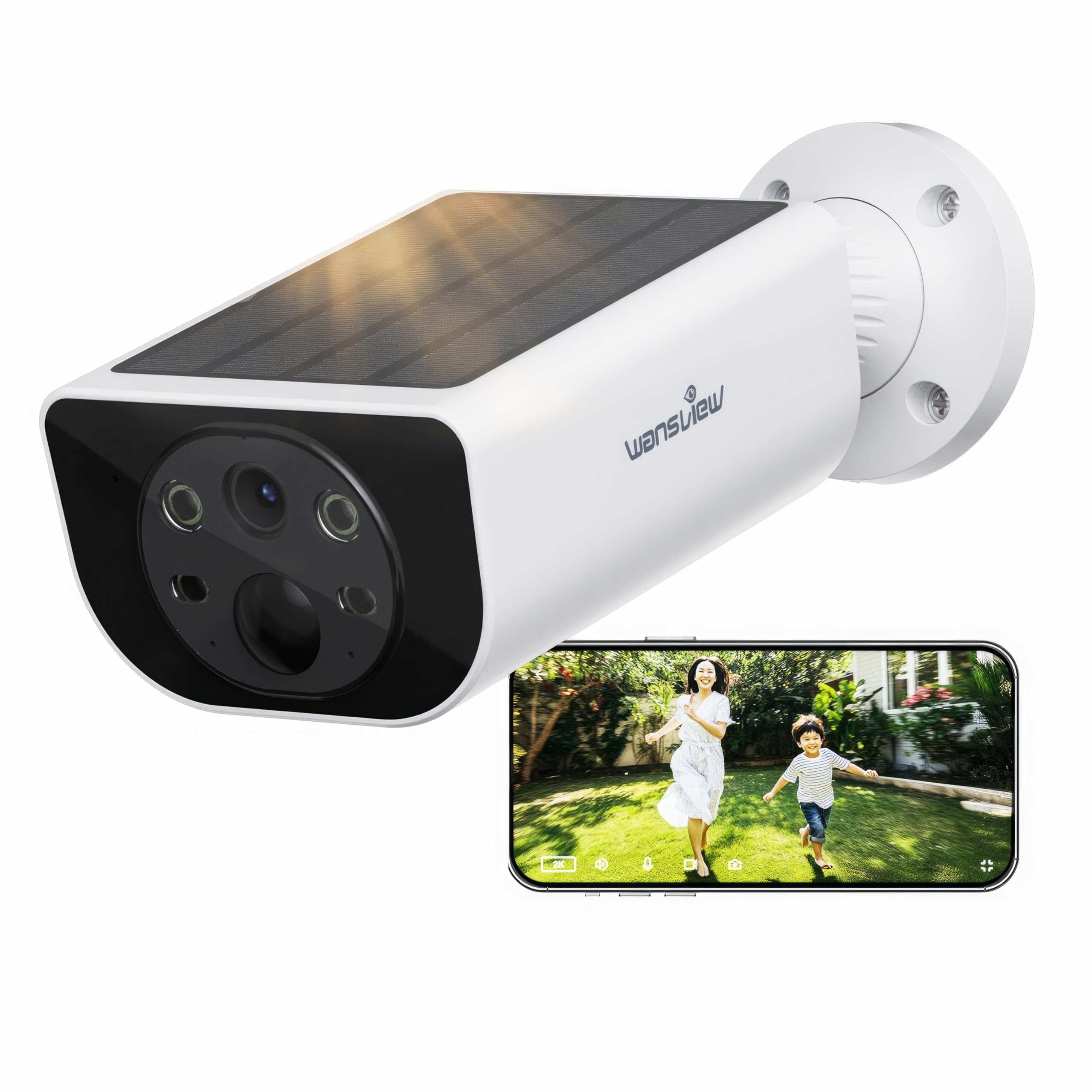 Wansview 防犯カメラ 屋外 ソーラー パネル一体型監視カメラ ワイヤレス充電 300万画素 2K カラー暗視 PIR人感センサー 声光警報 センサーライト搭載 IP65防水カメラ防塵 360度