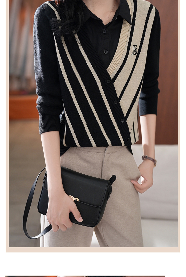 秋 ファッション トップ 女性 ストライプ ステッチ デザイン センス ニッチ シック 長袖 セーター ブラック グレー M L XL XXL トップス 袖あり かわいい 大人可愛い きれいめ