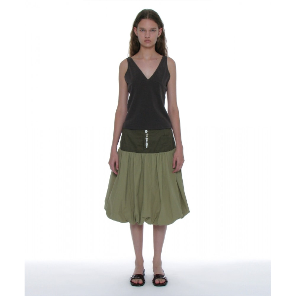 PARTIMENTO 女性用ボタンポインテッドパフミディスカート_カーキグリーン