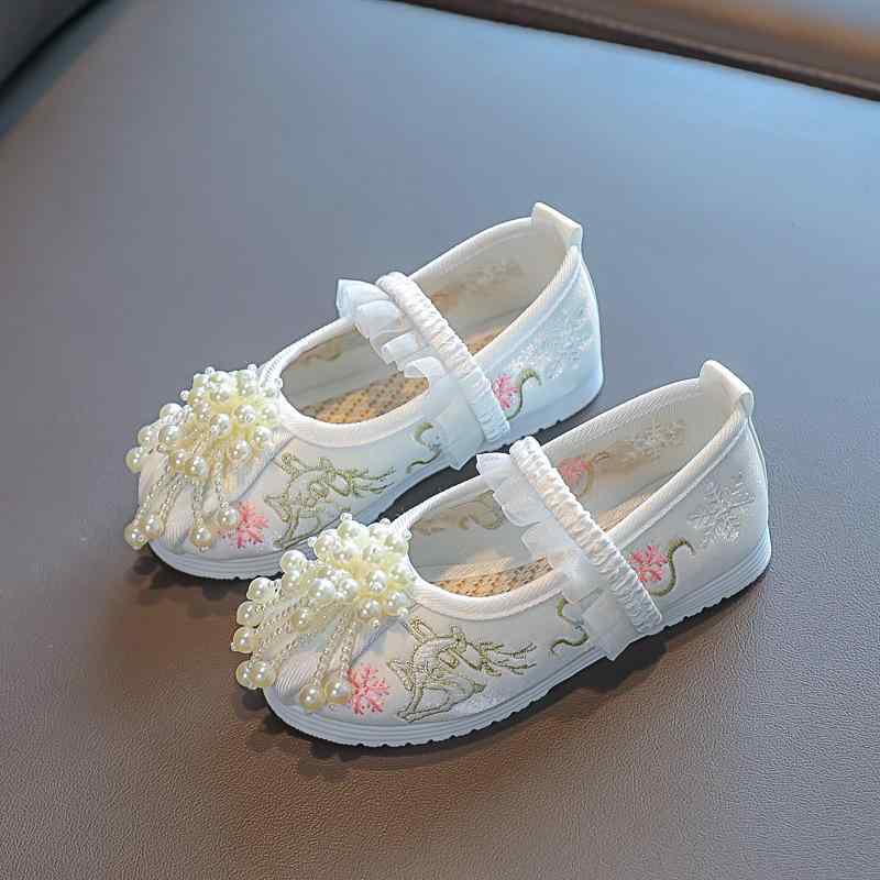 刺繍靴 女の子 キッズ 珠花 花飾り 民族風 ダンス 演出 ベビー 布靴 秋 白 ピンク ゴムソール 伸縮 織物内里 布インソール