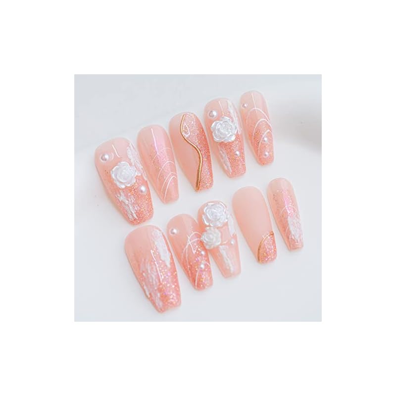 Sun&Beam Nails 手作り ネイルチップ ミディアム ロング バレリーナ 緑 グリーン 蝶 花 人気 3D おしゃれ 可愛い デザイン つけ爪 付け爪 収納ボックス付き 10枚入 (XS,