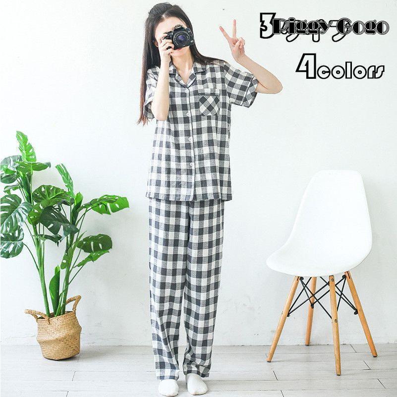 パジャマ レディース 春夏秋 セットアップ 前開き パジャマ チェック柄 コットン カーディガン パンツ 半ズボン Vネックス 長袖 半袖 薄手 大きいサイズ 部屋着 5,138円