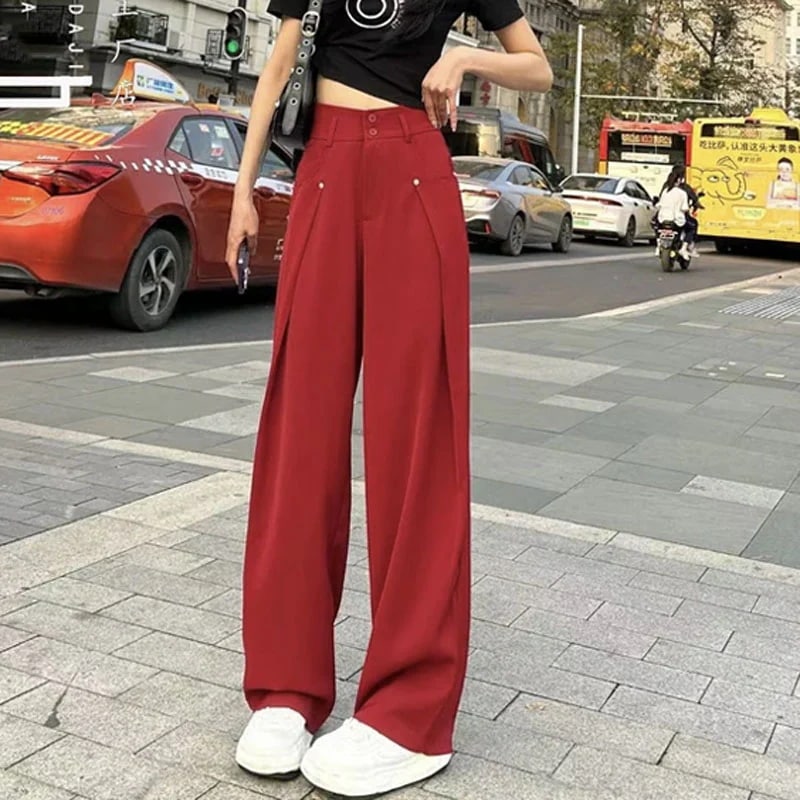 24夏のファッションルーズ痩身ワイドレッグカジュアルパンツプリーツボタンデザインストレートドレープスーツパンツレディース