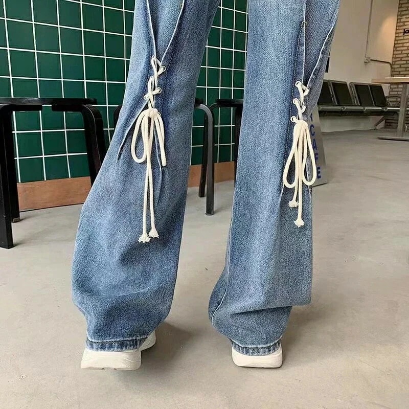 【急速出荷!】レディース パンツ ジーンズ デニム ハイウエスト 春秋 ゆったり 大きいサイズ ハイウエストジーンズ おしゃれパンツ デニムパンツ デニムワイドパンツ リボンパンツ 美脚 レディースパ