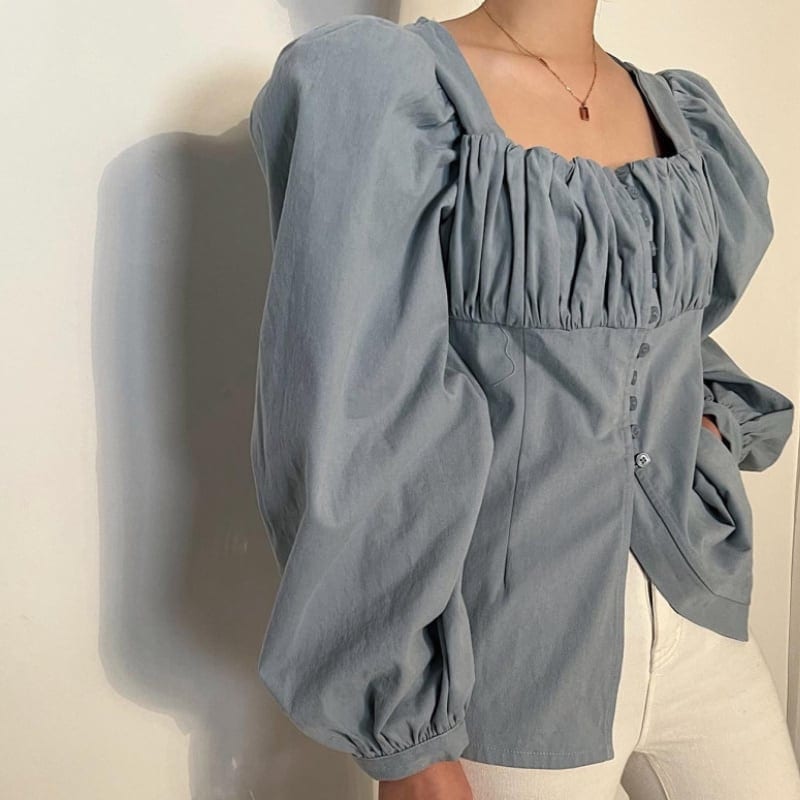 2color レディース トップス 長袖 ギャザー ボリューム袖 カジュアル 大人カジュアル